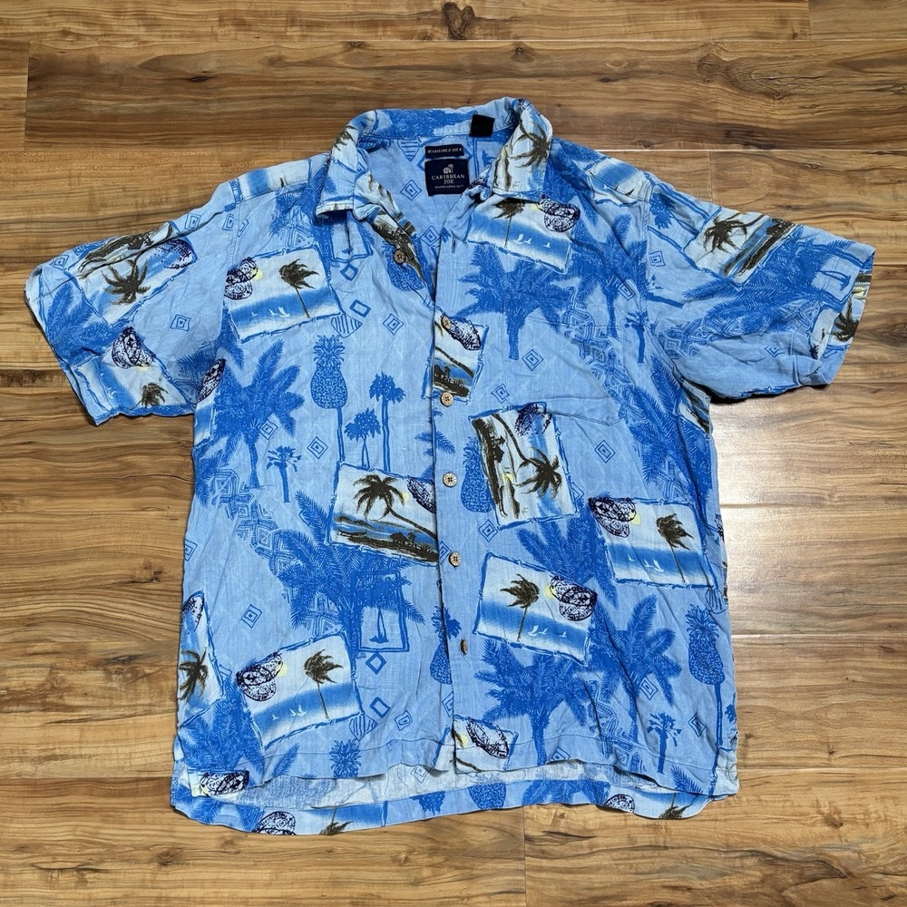 Caribbean Joe Hawaiian Shirt Mens L Blue Washable Silk Pineapple Palm‎ AOP Beach